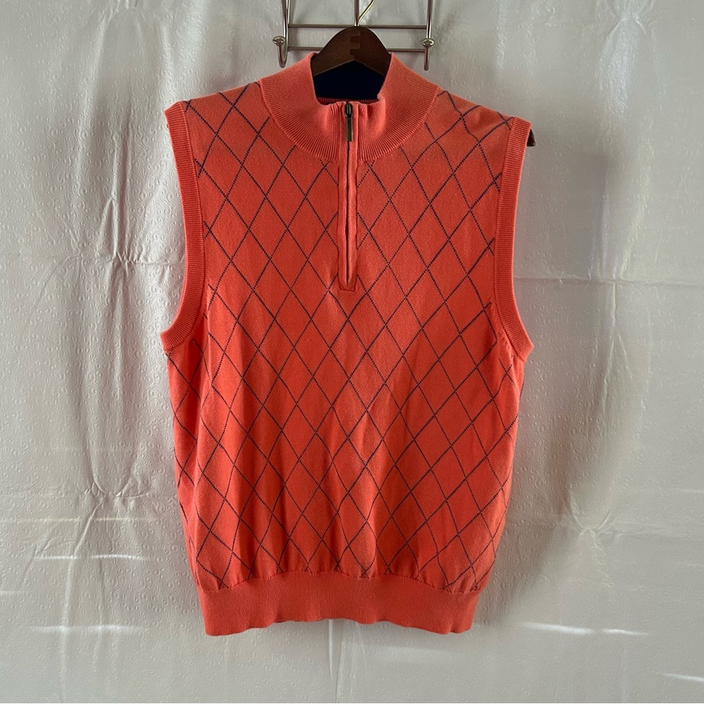 Men’s Brooks Brothers Preppy Argyle Coral/Blue 1/4 Zip Cotton Vest Size Large - Picture 1 of 7